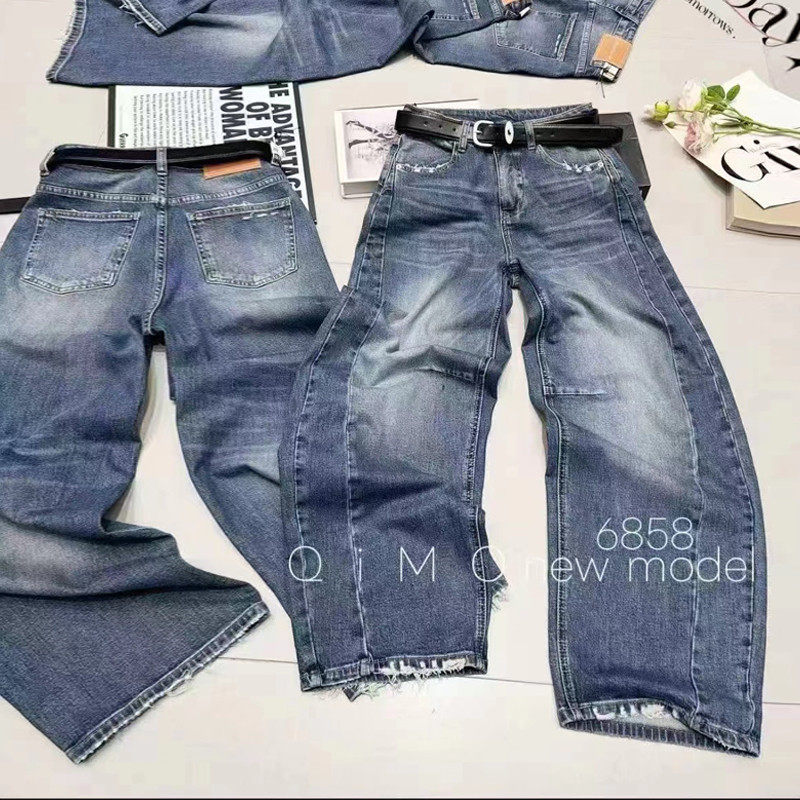 2026春季欧货新款复古做旧口袋磨破弯刀阔腿牛仔裤女大码拖地长裤