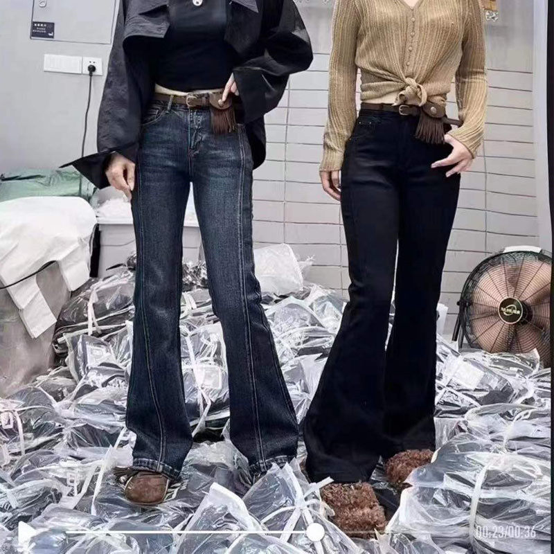 复古做旧弹力高腰微喇牛仔裤女2025欧货新款高腰显瘦修身喇叭长裤