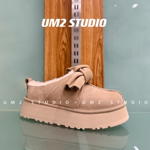 认准实拍纽带蝴蝶结厚底一脚蹬包头拖澳洲羊毛低帮雪地靴加棉女鞋