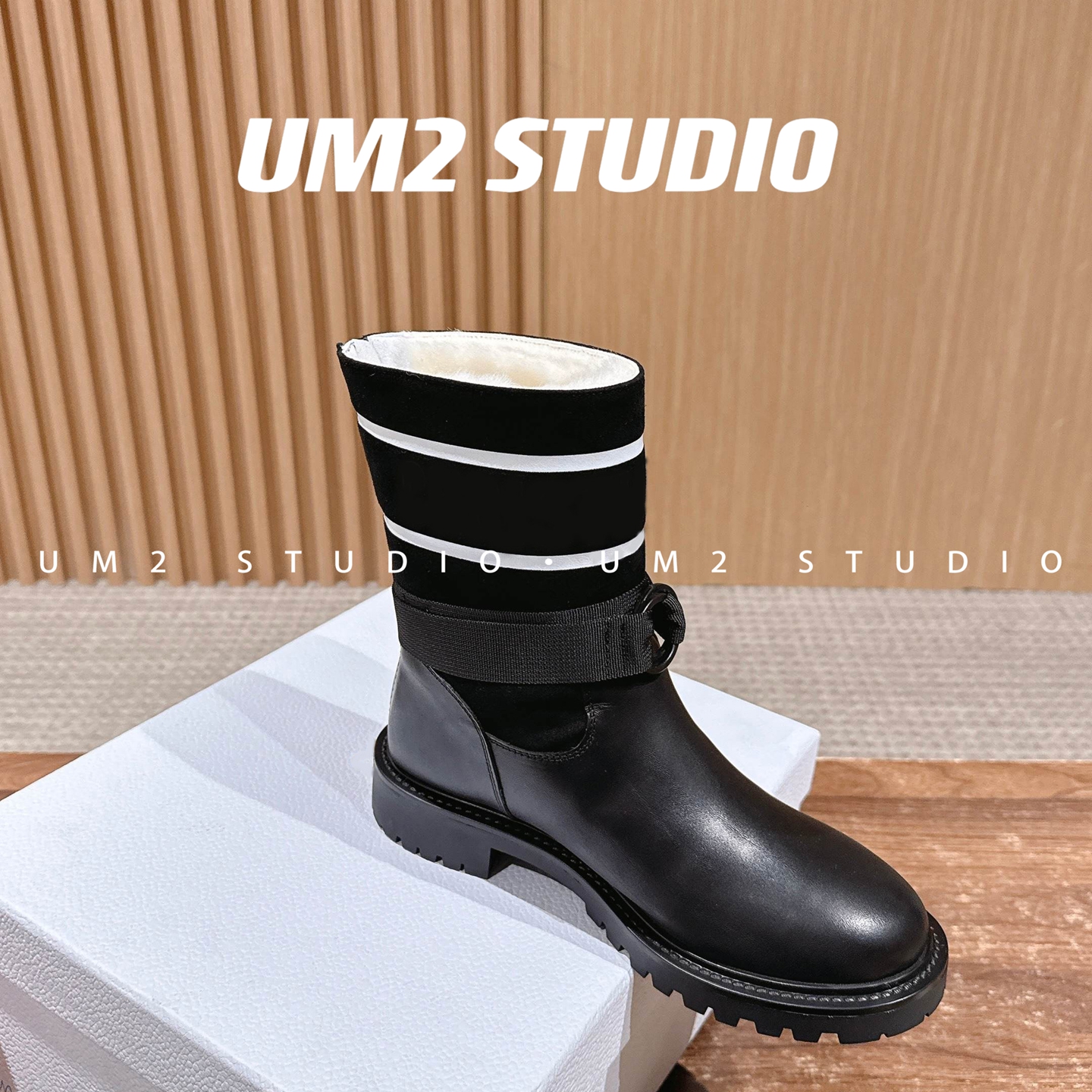 皮带扣圆头粗跟厚底雪地靴