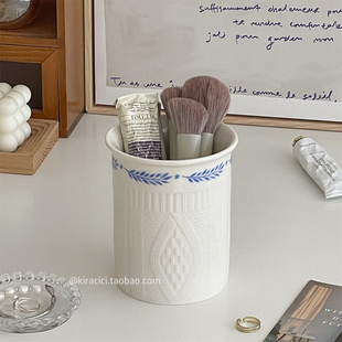 复古浮雕陶瓷化妆刷收纳筒桌面餐具筷子筒刷子眉笔整理收纳桶 法式