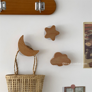 创意可爱实木挂钩星星月亮云朵免打孔木质粘钩免钉无痕宿舍挂衣钩