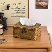 复古草编纸巾盒卧室家用客厅茶几桌面简约抽纸盒餐桌餐巾纸收纳盒