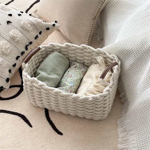 粗棉线手工编织收纳篮储物篮桌面化妆品零食杂物收纳筐收纳盒 日式