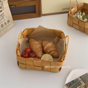 水果收纳篮桌面果盘收纳置物筐野餐果篮 手工编织木质面包篮子日式