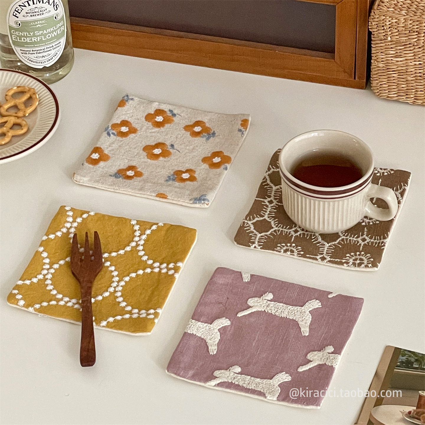 复古棉麻布艺刺绣杯垫餐桌碗垫隔热垫日式方形咖啡杯垫水杯垫子,餐饮具,杯垫,淘宝优惠券,粉丝福利购,淘宝优惠卷