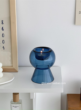 ins法式复古蓝色玻璃烛台花瓶摆件欧式小众餐桌香薰蜡烛装饰台座