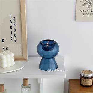 ins法式复古蓝色玻璃烛台花瓶摆件欧式小众餐桌香薰蜡烛装饰台座
