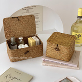 ins桌面带盖收纳盒客厅零食杂物手工编织收纳筐草编整理盒收纳篮