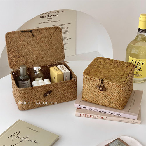 桌面带盖防尘手工编织收纳盒