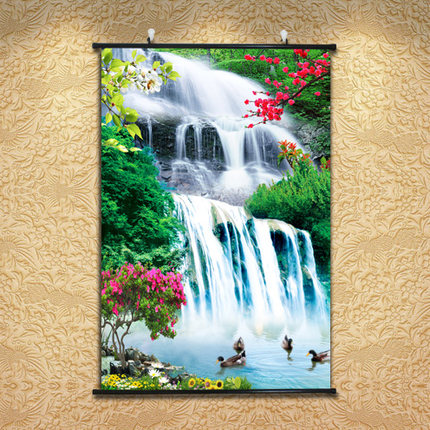 中国风吉祥挂画流水生财墙贴卷轴画客厅茶几背景墙画中式瀑布贴画