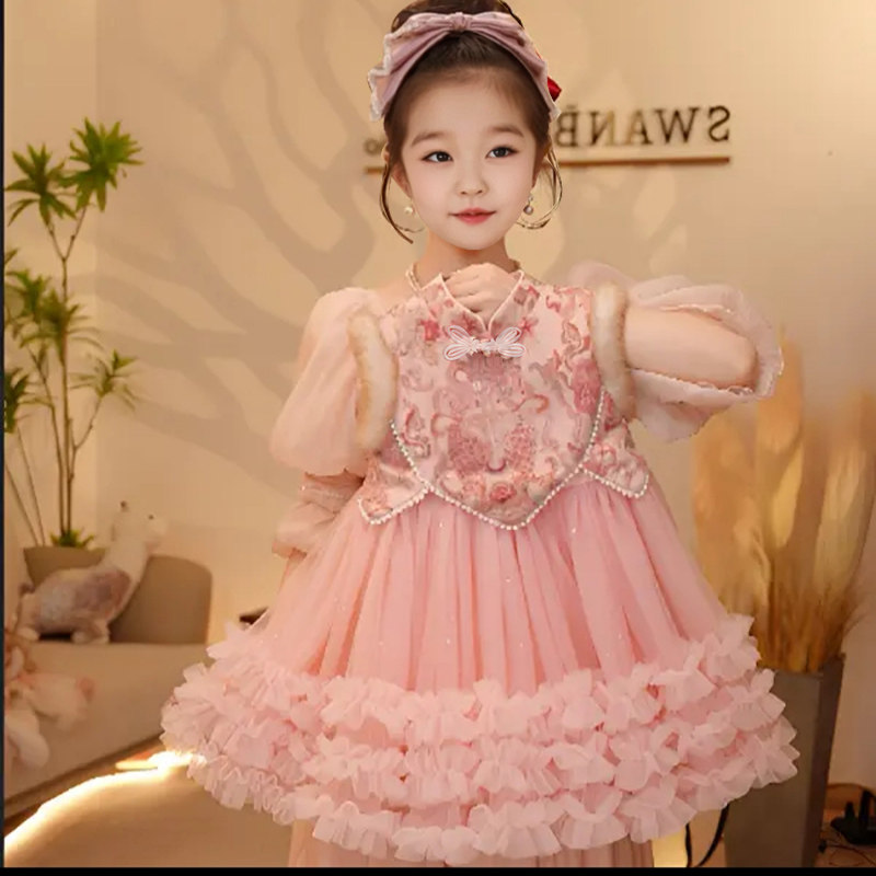 5岁女童秋冬加绒背心裙新款连衣裙3宝宝公主裙4小女孩旗袍拜年裙