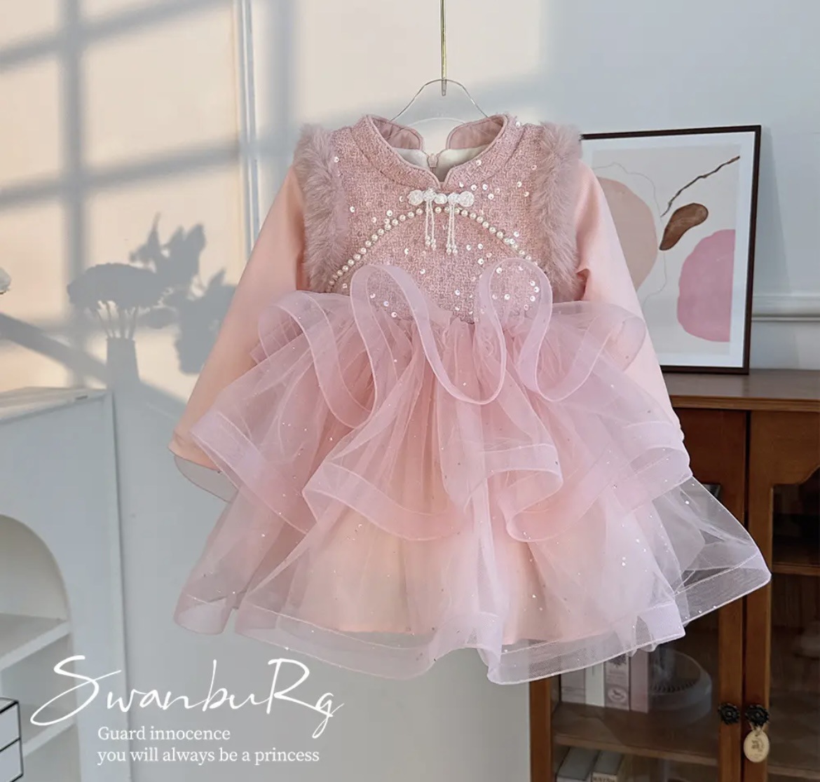 3女童旗袍蓬蓬纱裙秋冬加绒新款蛋糕裙春秋新中式1-8中国风拜年服