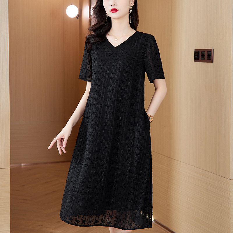 声雨竹黑色妈妈真丝连衣裙女折扣