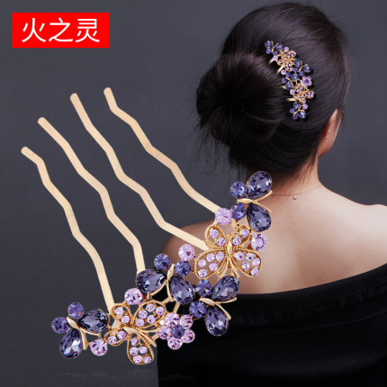 高档发梳发卡新款蝴蝶四齿插梳丸子头盘发器水钻u型发簪簪子发夹