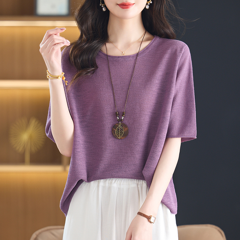 胖mm大码冰丝短袖针织衫薄款妈妈装短款休闲上衣时尚宽松气质t恤