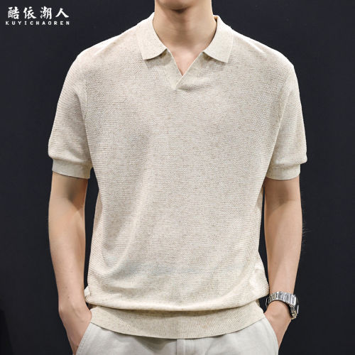 莱塞尔亚麻海鸥领老钱风男T恤