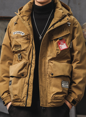 工装冲锋夹克衣服男冬季机能连帽多口袋加厚羽绒服男士美拉德外套