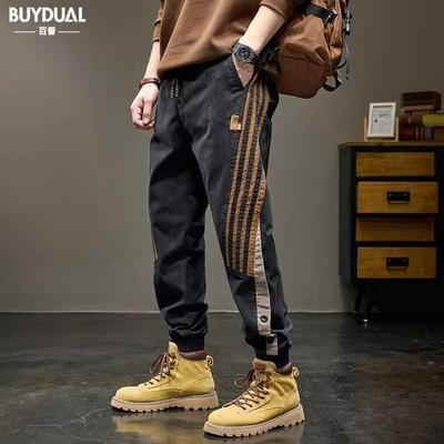 美式条纹撞色拼接休闲裤