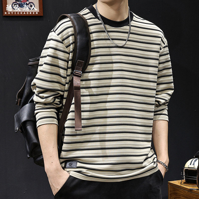 美式复古条纹长袖t恤男士春秋款百搭宽松圆领打底衫2026春季新款