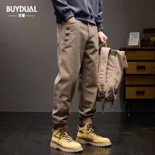 美式复古做旧排扣休闲裤男士秋冬季加绒加绒宽松工装束脚哈伦裤子