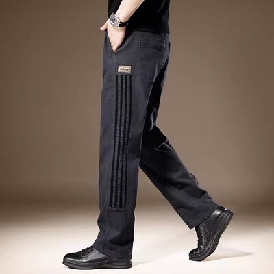 高端美式高街侧条纹休闲裤男秋季加绒垂感阔腿宽松直筒拖地裤子男