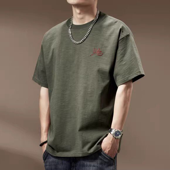 夏季透气300g重磅竹节棉t恤男橄榄绿刺绣短袖纯棉抗皱宽松男装潮