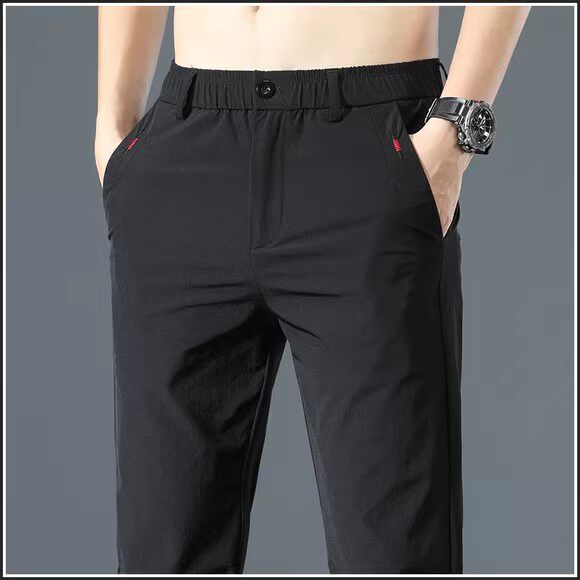 休闲裤男士宽松紧腰弹力直筒长裤子冰丝夏季薄款黑色西装裤春秋款