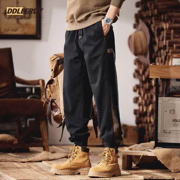 撞色拼接休闲裤男士潮牌痞帅工装裤秋冬季新款宽松弹力加绒束脚裤