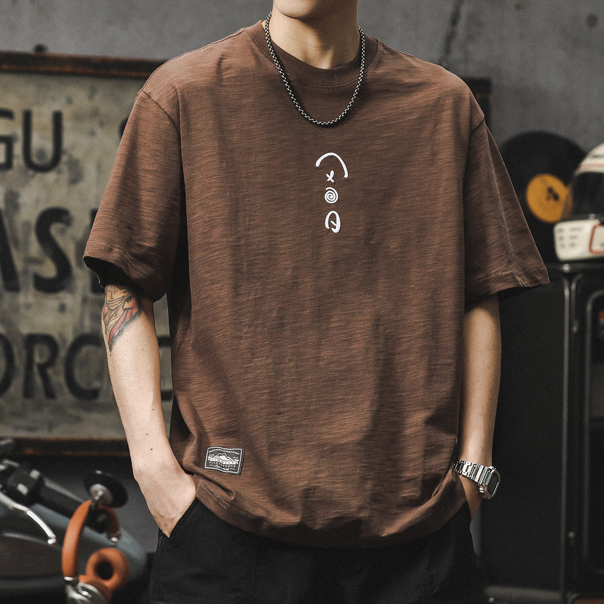 美式复古短袖男夏季重磅竹节棉t恤设计感百搭宽松体恤刺绣上衣潮