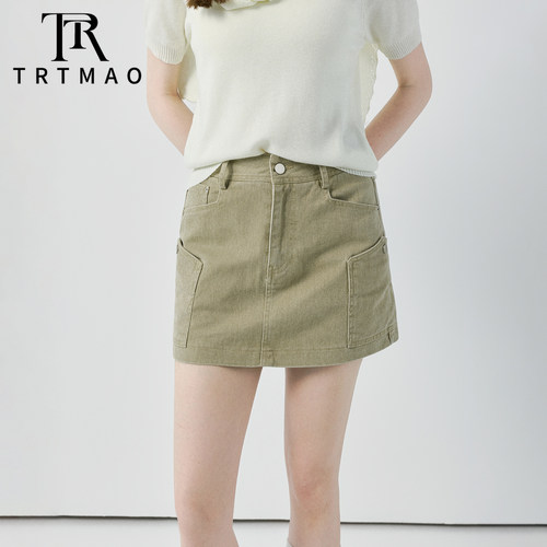 TRTMAO原创工装风卡其色牛仔半身裙高腰显瘦A字短裙口袋设计裙子
