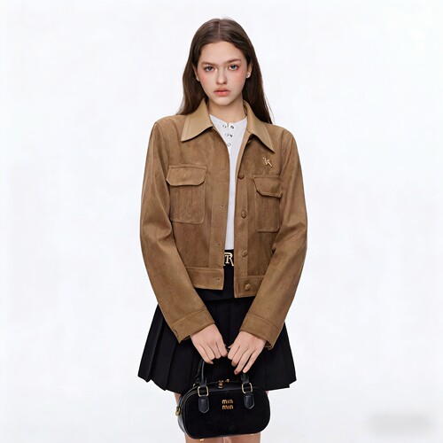 TRTMAO原创金属贴标复古麂皮绒外套女春秋简约显瘦短款夹克上衣