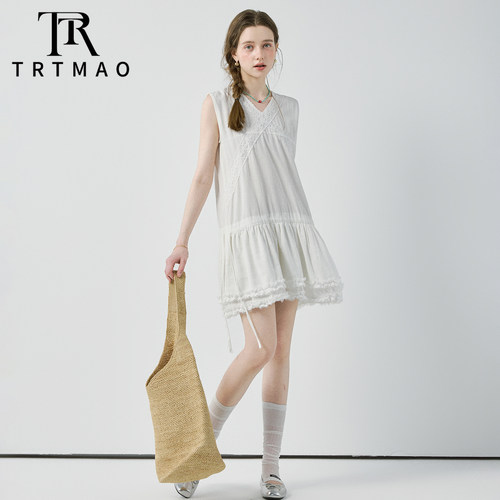 TRTMAO原创法式白色V领无袖蕾丝连衣裙女荷叶边显瘦背心裙简约风