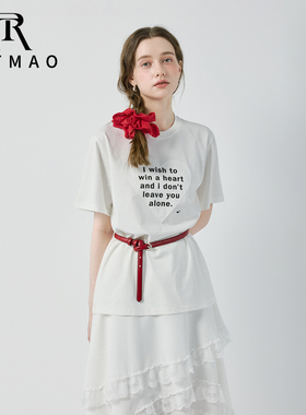 TRTMAO原创休闲风白色短袖T恤女夏新款拼接层次感不规则下摆上衣