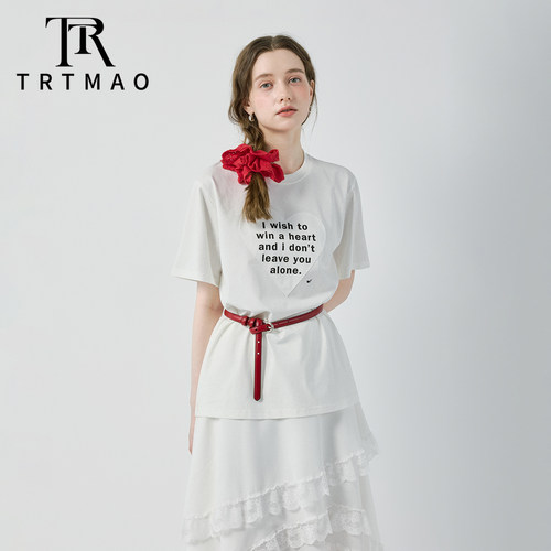 TRTMAO原创休闲风白色短袖T恤女夏新款拼接层次感不规则下摆上衣