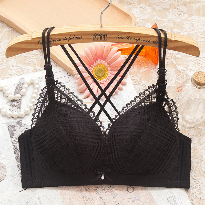 交叉美背内衣女小胸聚拢无钢圈学生性感蕾丝文胸薄款夏季胸罩棉质