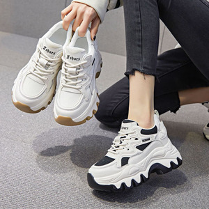 香港轻奢真皮2023春夏新款网面透气运动厚底内增高老爹鞋女8cm潮