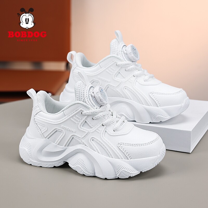 巴布豆男童鞋子儿童小白鞋春款皮面防水白色运动鞋女童透气跑步鞋