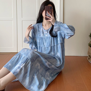 甜美棉绸长袖防凸点睡裙女夏季薄款宽松中长款连衣裙可外穿家居裙