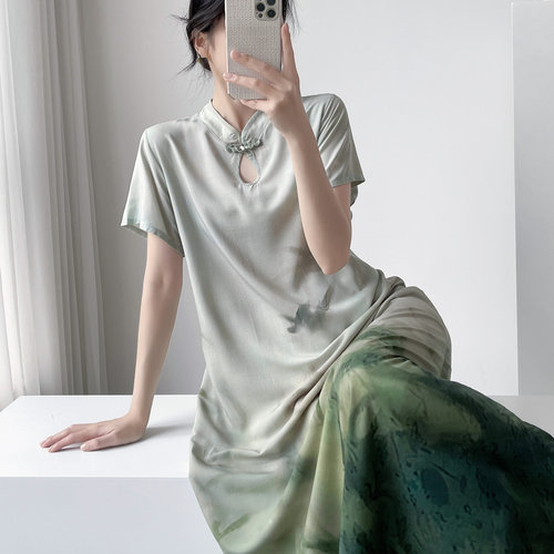 新中式复古旗袍夏季连衣裙可外穿长裙立领睡裙短袖棉绸睡裙家居服