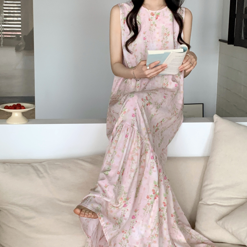 2025新款棉绸睡裙女海边显瘦凉快人造棉碎花加长款到脚踝度假裙子