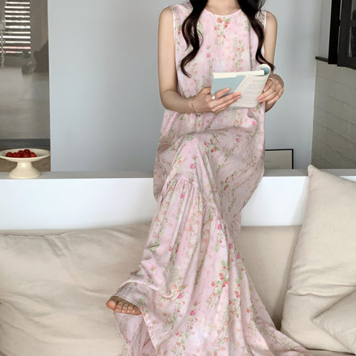 2025新款棉绸睡裙女海边显瘦凉快人造棉碎花加长款到脚踝度假裙子