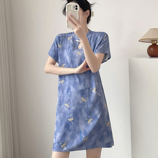夏季短款睡裙女短袖薄款性感旗袍中国风棉绸连衣裙家居服可外穿裙