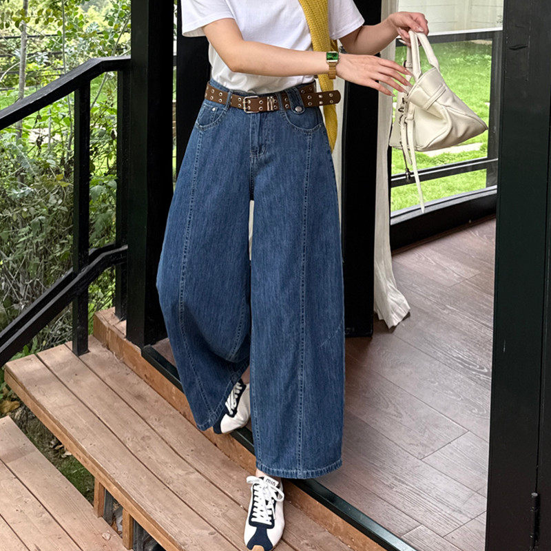 薄款夏季棉质高腰九分牛仔裤女纯色个性休闲气泡裤阔腿裤女老爹裤