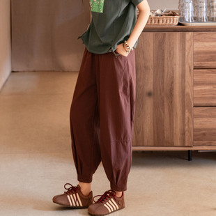 薄款 夏季 女新款 纯棉九分裤 女宽松纯色酒红色原创设计 松紧腰灯笼裤