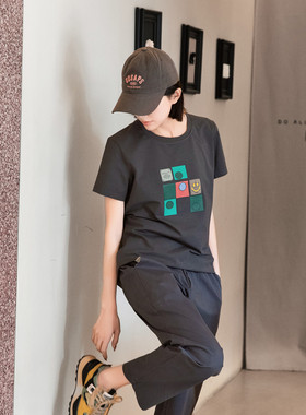 时尚休闲夏季新款正肩深灰色圆领纯棉短袖女显瘦个性上衣设计感女