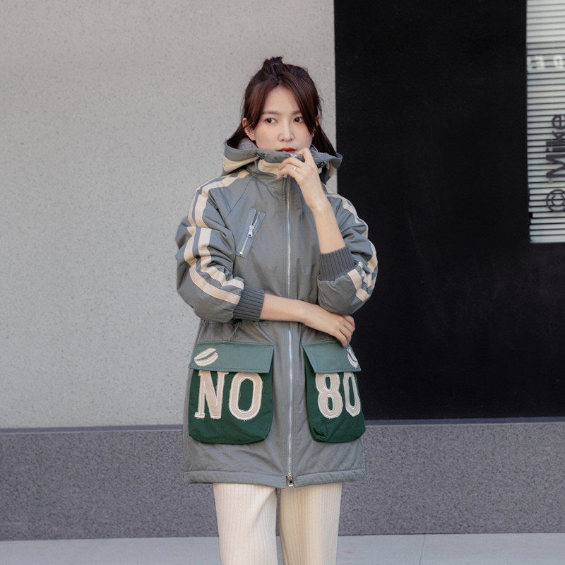 2023甲乙丙丁冬季连帽中长款宽松休闲大口袋拉链加厚棉衣棉服女