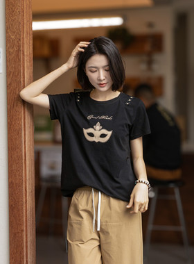 黑色小众圆领正肩英伦纯棉短袖女夏季新款显瘦时尚T恤女洋气欧美