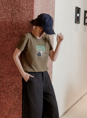 夏季新款正肩直筒军绿色棉质短袖女圆领印花手工刺绣显瘦T恤女