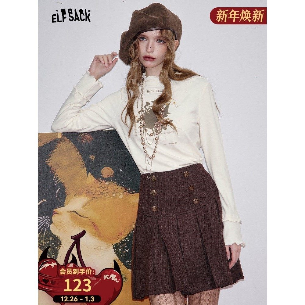 米白色印花半高领长袖t恤女2025秋新款修身内搭打底衫,女装/女士精品,T恤,淘宝优惠券,粉丝福利购,淘宝优惠卷